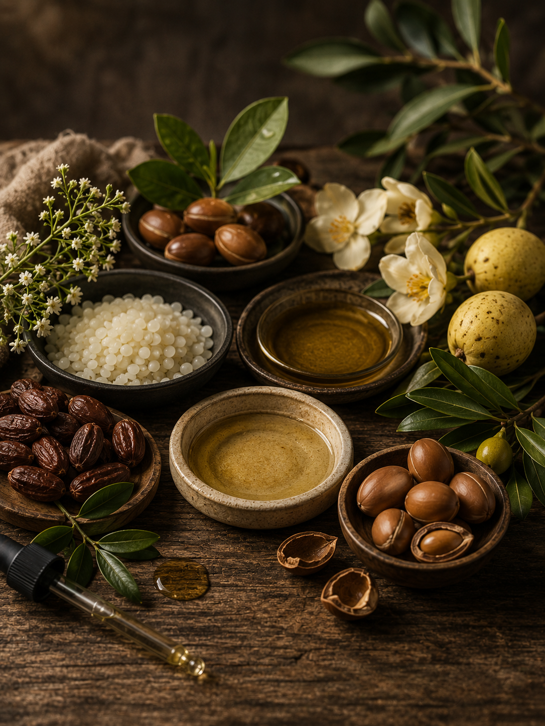 A styled flat-lay of natural skincare ingredients on a rustic wooden surface, including bowls of argan nuts, macadamia nuts, white argan oil, golden oil, a dropper, argan husks, white blossoms, and green leaves.