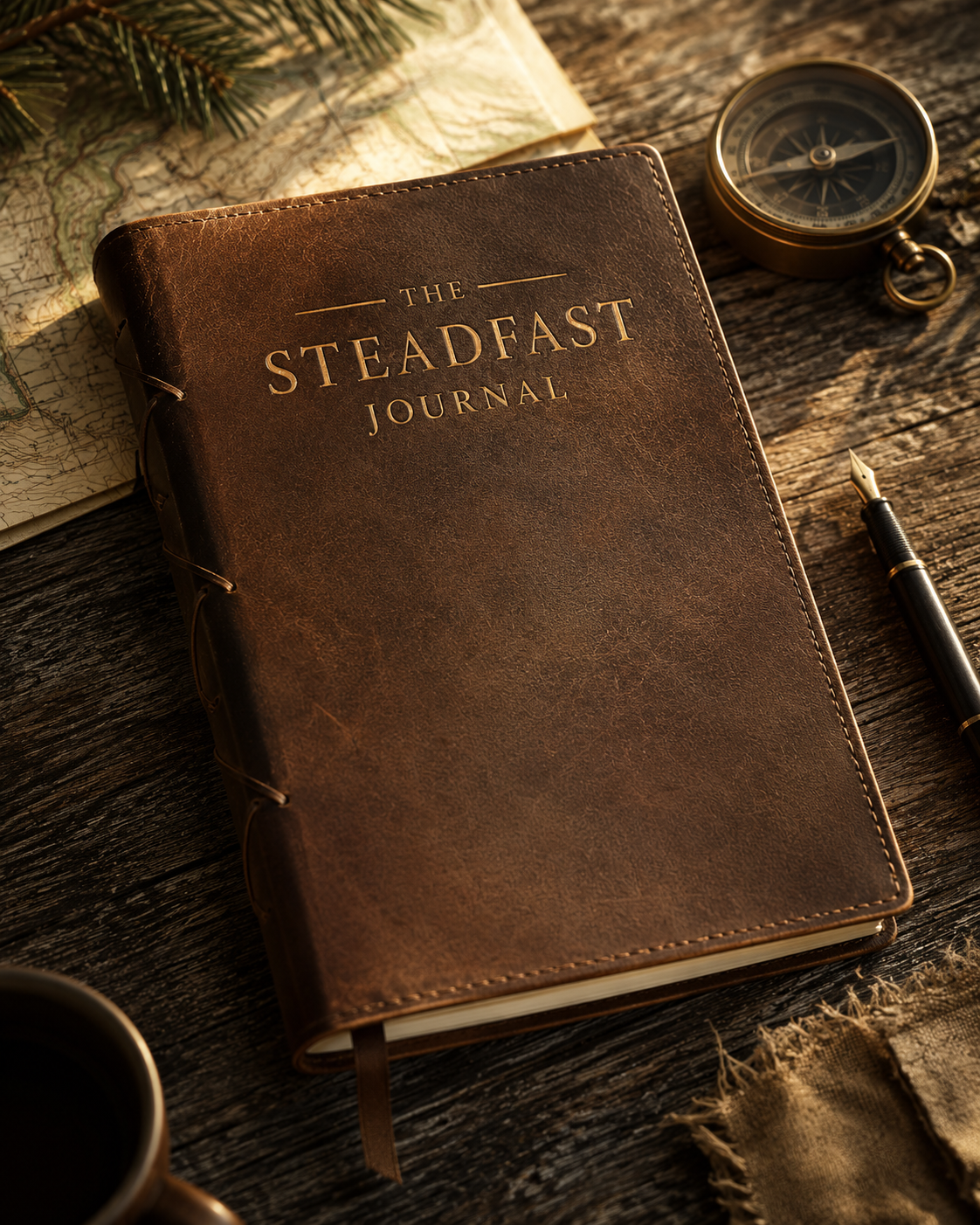 A brown leather-bound journal with gold embossed text reading 'THE STEADFAST JOURNAL' lies on a rustic wooden surface, surrounded by a brass compass, fountain pen, map, and cup.